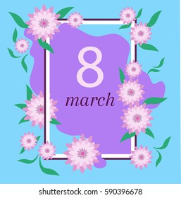 white frame on blue and violet background with pink flowers and green leaves and 8 march text inside