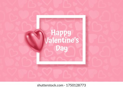 White frame on Festive pink background and 3d heart on light pink pastel background. Christmas. Wedding. Birthday. Happy woman's day. Mothers Day. Valentine Day. Top view, copy space, Vector format