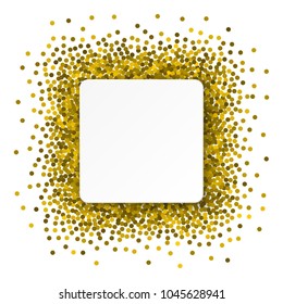 White frame on gold glitter background, chaotic sparkle circle