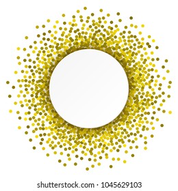 White frame on gold glitter round background, chaotic sparkle circle