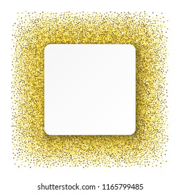 White frame on gold glitter background, chaotic sparkle circle