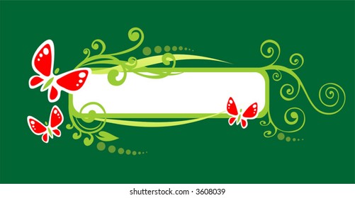 The white frame on a green background with butterflies and curls.