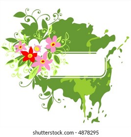 White frame on a green grunge background with pink flowers.