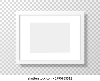 White frame on transparent backdrop. Realistic picture mockup. Clean template with soft shadow. 3d blank with border. Interior object isolated. Vector illustration.