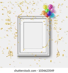 white frame on white wall with colorful 
 balloon,gold ribbon and gold confetti 
