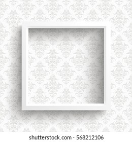 White frame on the wallpaper with ornaments background. Eps 10 vector file.