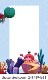 White frame on a water pattern background. A turtle swims on top and a crab is at the bottom. The scene is completed with seagrass, stones, and corals at the bottom