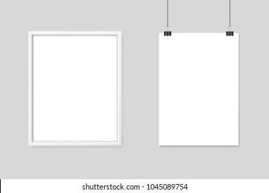 White frame and poster mockup on a rope