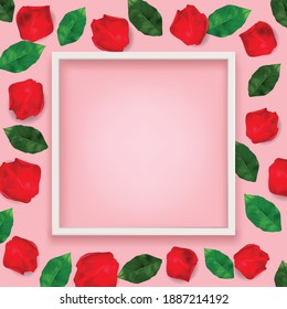 White Frame and Rose petals on pink background. for Valentines Day greeting card. Vector and illustration.