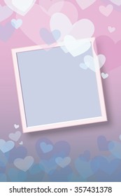 White Frame with Shadow on pink and blue background with transparent hearts