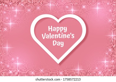White frame with shape of heart on Festive pink, glittering background, greeting card for Wedding. Birthday. Mothers Day. Valentine Day. Top view, copy space, Vector eps 10 format