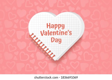 White frame with shape of heart on Festive pink background, pattern with hearts on light pink pastel background. Wedding. Birthday. Mothers Day. Valentine Day. Top view, copy space, Vector format