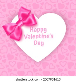 White frame with shape of heart on Festive pink background, pattern with hearts on light pink pastel background. Wedding. Birthday. Mothers Day. Valentine Day. Top view, copy space, Vector format