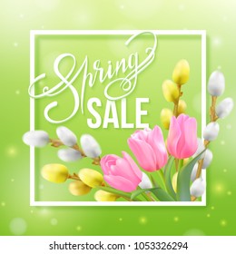 White frame and Spring Sale text on a green background with blurred spots and shine. Spring photo-realistic close-up willow branch and pink tulips. Paper cut inscription Spring. Vector illustration