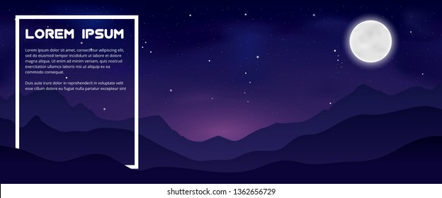 White frame with text on the background of night sky with stars and moon and silhouette of mountains, vector eps10 illustration
