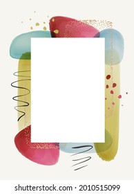 White frame with transparent texture watercolor composition, brushes and gold dots, calligraphic strokes and splashes on background. Vector photoframe with blobs and blotches, painted geometric shapes