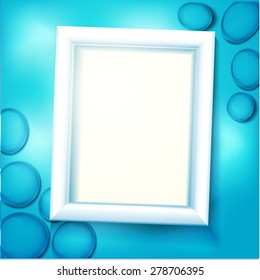 White frame under water on a blue background with sea pebbles and waves