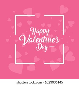 White frame with valentine greeting over floating cute pink hearts on pink background