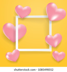 White frame with a yellow background and 3D hearts poster template greeting card illustration vector