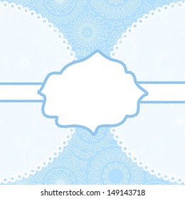 White frame for your text on blue filigree lacy background card, vector