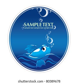 White -framed blue label with fish and some bubbles