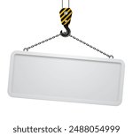 A white framed long signboard panel suspended from the modern hook of a lifting construction crane on a chain isolated on white. Vector illustration in 3D style
