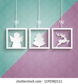 White frames with christmas symbols on the pink and turquoise background. Eps 10 vector file.