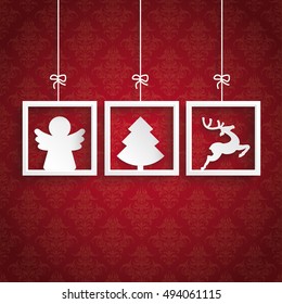 White frames with christmas symbols on the red background. Eps 10 vector file.