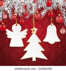 White frames with christmas symbols , twigs and baubles on the red background. Eps 10 vector file.