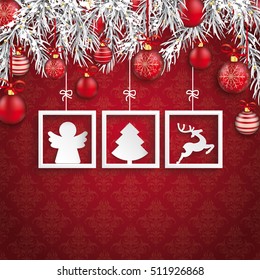 White frames with christmas symbols , twigs and baubles on the red background. Eps 10 vector file.