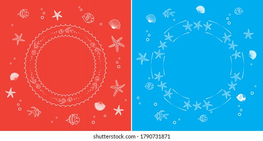 white frames with fish and seashells - red and blue vector abstract backgrounds