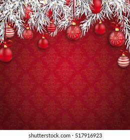 White frames with frozen twigs and baubles on the red background. Eps 10 vector file.