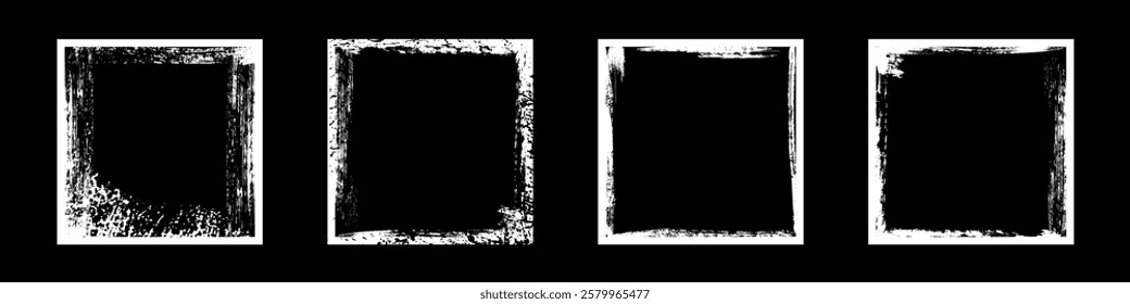 White frames with worn paper effect on black background. Textured squares with old, grunge, grainy, vintage, worn, dust effect. Simple object mockup. Realistic vector illustrations set.