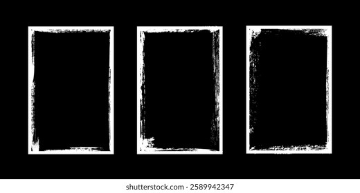 White frames with worn paper effect on black background. Textured rectangles with old, grunge, grainy, vintage, worn, dust effect. Simple object mockup. Realistic vector illustrations set.