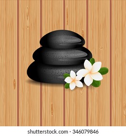 White frangipani flowers and stones on the wooden background - spa background. Vector illustration.