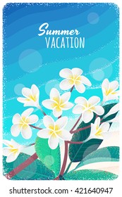 White frangipani (plumeria) flowers and leaves, tropical beach, seascape vertical template. Retro vector illustration. Place for your text. Design for invitation, banner, card, poster, flyer