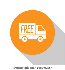White Free delivery service icon isolated on white background. Free shipping. 24 hour and fast delivery. Orange circle button. Vector Illustration