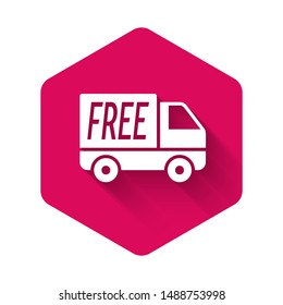 White Free delivery service icon isolated with long shadow. Free shipping. 24 hour and fast delivery. Pink hexagon button. Vector Illustration