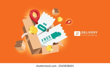 white free shipping no minimum purchase promotional coupon tag label is placed in parcel or cardboard box that is being opened. For advertisements for delivery and online shopping, vector 3d