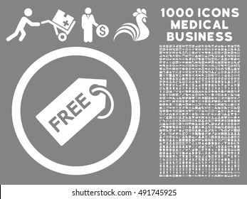 White Free Tag vector rounded icon. Image style is a flat icon symbol inside a circle, gray background. Bonus set is 1000 healthcare business pictographs.