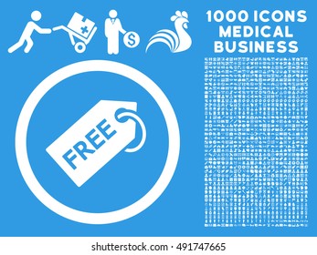 White Free Tag vector rounded icon. Image style is a flat icon symbol inside a circle, blue background. Bonus clipart is 1000 healthcare business pictograms.