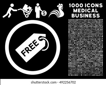 White Free Tag vector rounded icon. Image style is a flat icon symbol inside a circle, black background. Bonus clip art is 1000 medical business pictograms.