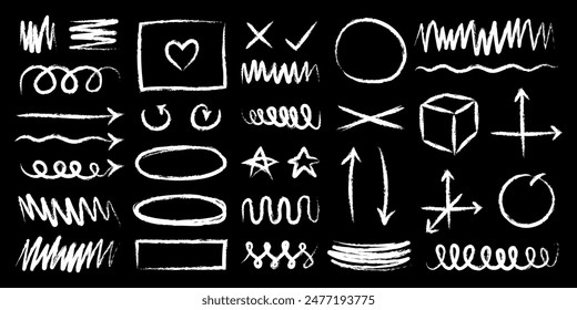 White freehand chalk doodles and hand drawings, graphic design element set on a black background, vector illustration.