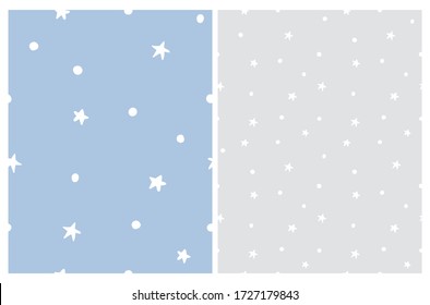 White Freehand Dots and Stars Isolated on a Pastel Blue and Light Gray Background. Starry Seamlles Vector Pattern. Funny Night Sky Repeatable Print. Irregular Hand Drawn Stars Backdrop.