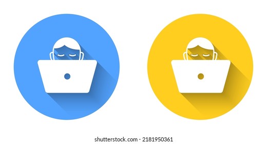 White Freelancer Icon Isolated With Long Shadow Background. Freelancer Man Working On Laptop At His House. Online Working, Distant Job Concept. Circle Button. Vector