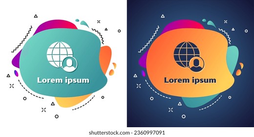 White Freelancer icon isolated on white and blue background. Freelancer man working on laptop at his house. Online working, distant job concept. Abstract banner with liquid shapes. Vector