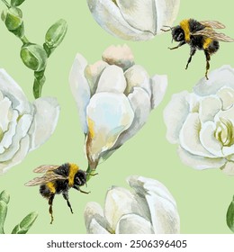 White freesia flowers, bumblebee. Watercolor seamless pattern. Vector illustration. Wrapping paper, textiles, wallpaper, fabric, covers, scrapbooking.