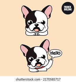 White French Bulldog puppy with a smile and hello action. 2D cute cartoon character design in flat style.