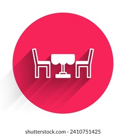 White French cafe icon isolated with long shadow background. Street cafe. Table and chairs. Red circle button. Vector