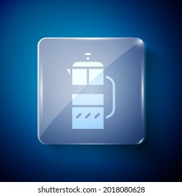 White French press icon isolated on blue background. Square glass panels. Vector Illustration